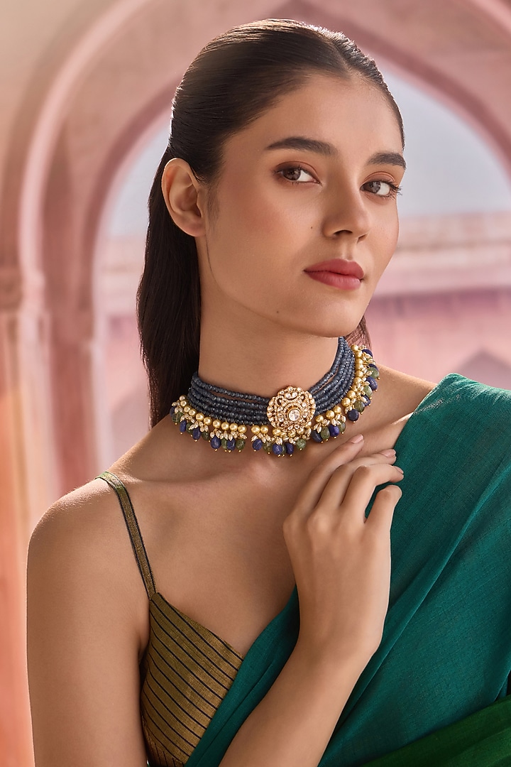 Gold Plated Kundan Polki & Deep Blue Stone Choker Necklace by Paisley Pop at Pernia's Pop Up Shop