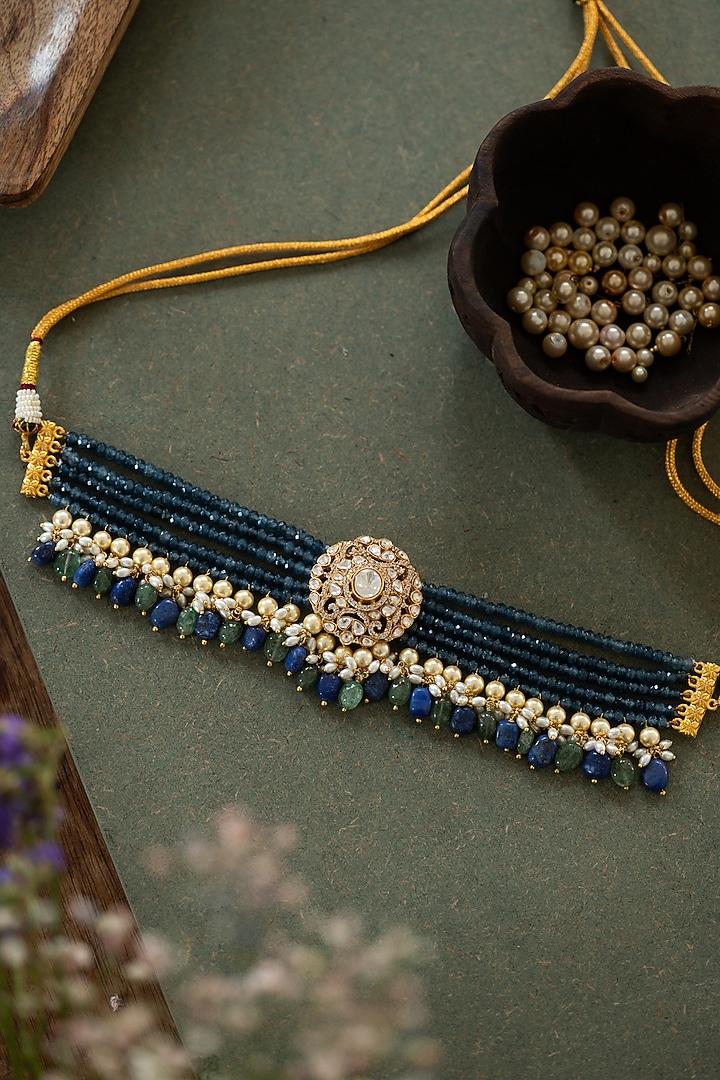 Gold Plated Kundan Polki & Deep Blue Stone Choker Necklace by Paisley Pop at Pernia's Pop Up Shop