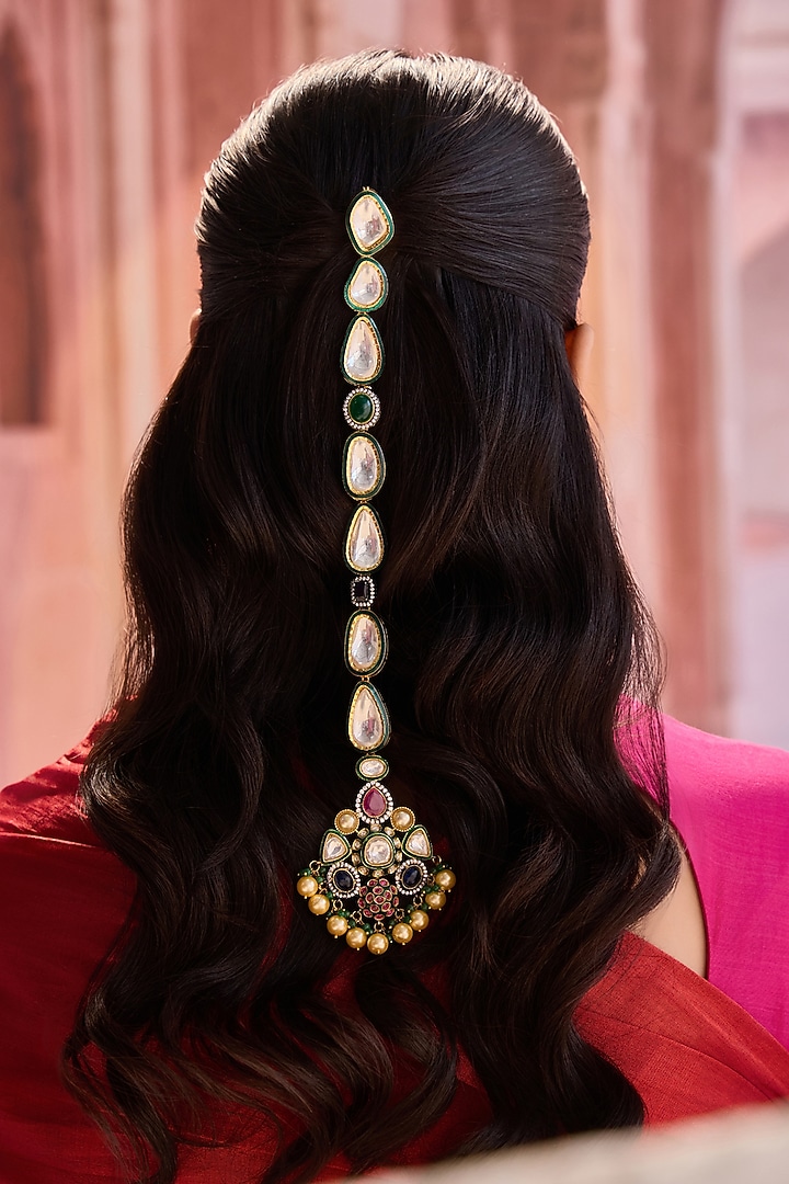 Gold Plated Kundan Polki & Multi-Colored Stone Enameled Braidpin by Paisley Pop at Pernia's Pop Up Shop