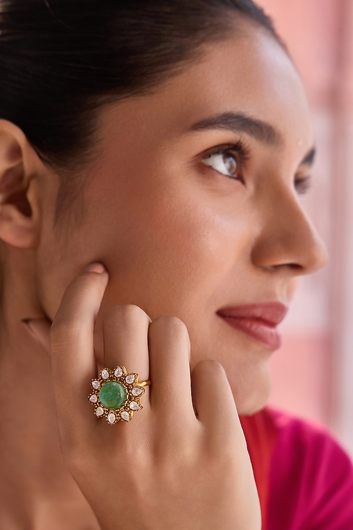 Gold Plated Kundan Polki & Green Stone Adjustable Ring by Paisley Pop at Pernia's Pop Up Shop