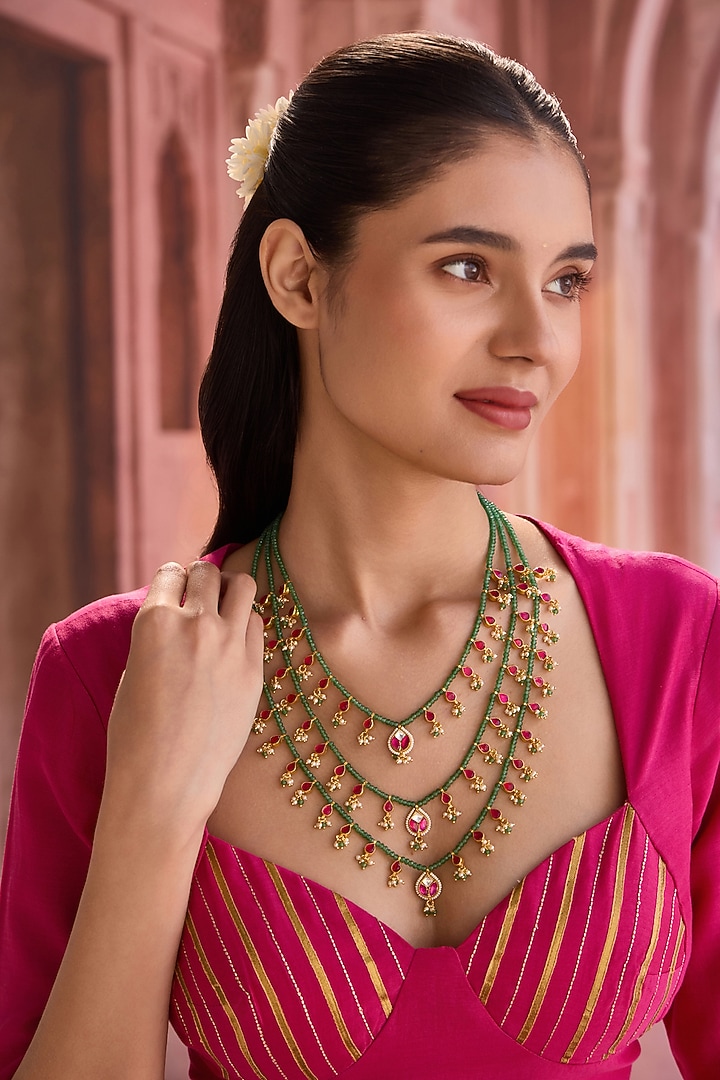 Gold Plated Kundan Polki & Pearl Layered Necklace by Paisley Pop at Pernia's Pop Up Shop