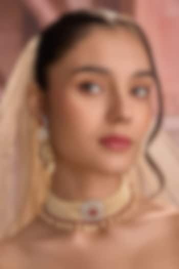 Gold Plated Kundan Polki & Pearl Choker Necklace Set by Paisley Pop at Pernia's Pop Up Shop