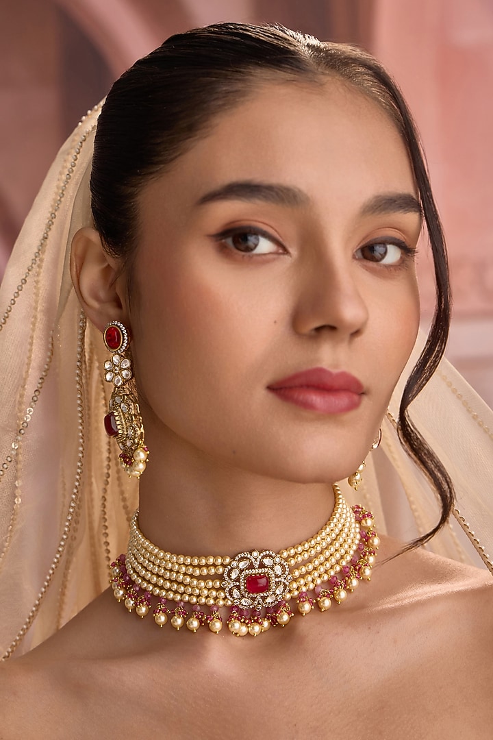 Gold Plated Kundan Polki & Pearl Choker Necklace Set by Paisley Pop at Pernia's Pop Up Shop