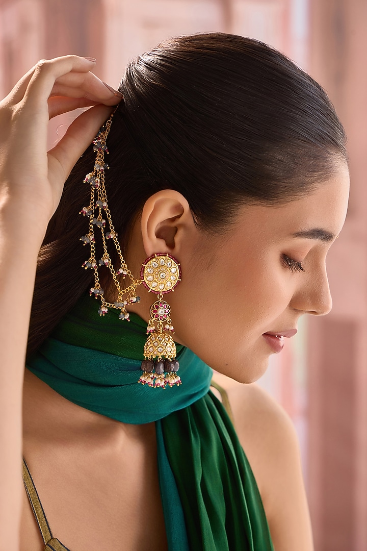 Gold Plated Kundan Polki & Onyx Stone Dangler Earrings by Paisley Pop at Pernia's Pop Up Shop