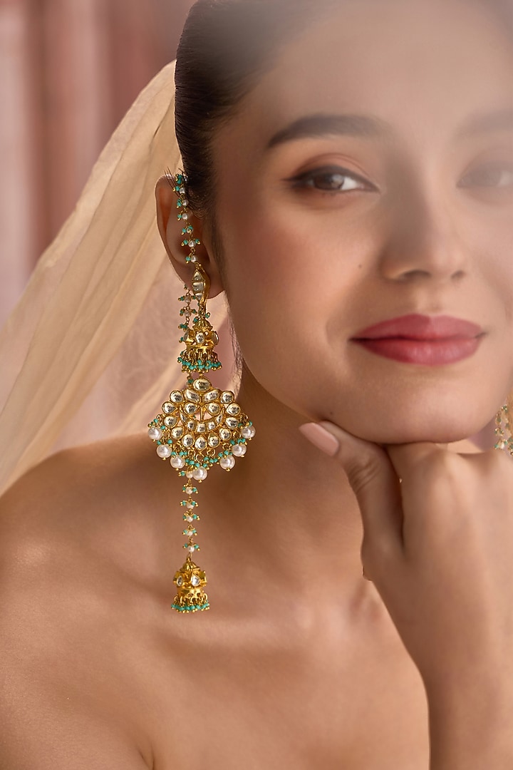 Gold Plated Kundan Polki & Pearl Dangler Earrings by Paisley Pop at Pernia's Pop Up Shop