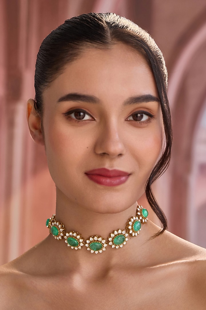 Gold Plated Kundan Polki & Mint Stone Choker Necklace by Paisley Pop at Pernia's Pop Up Shop