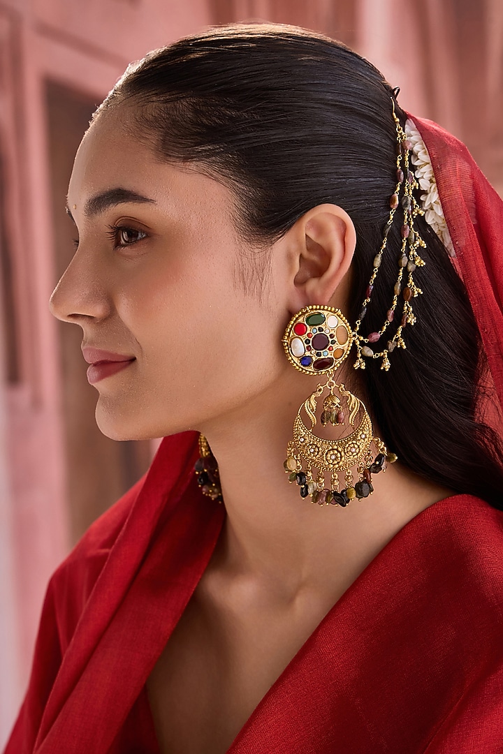 Gold Plated Kundan Polki & Navratna Stone Dangler Earrings by Paisley Pop at Pernia's Pop Up Shop