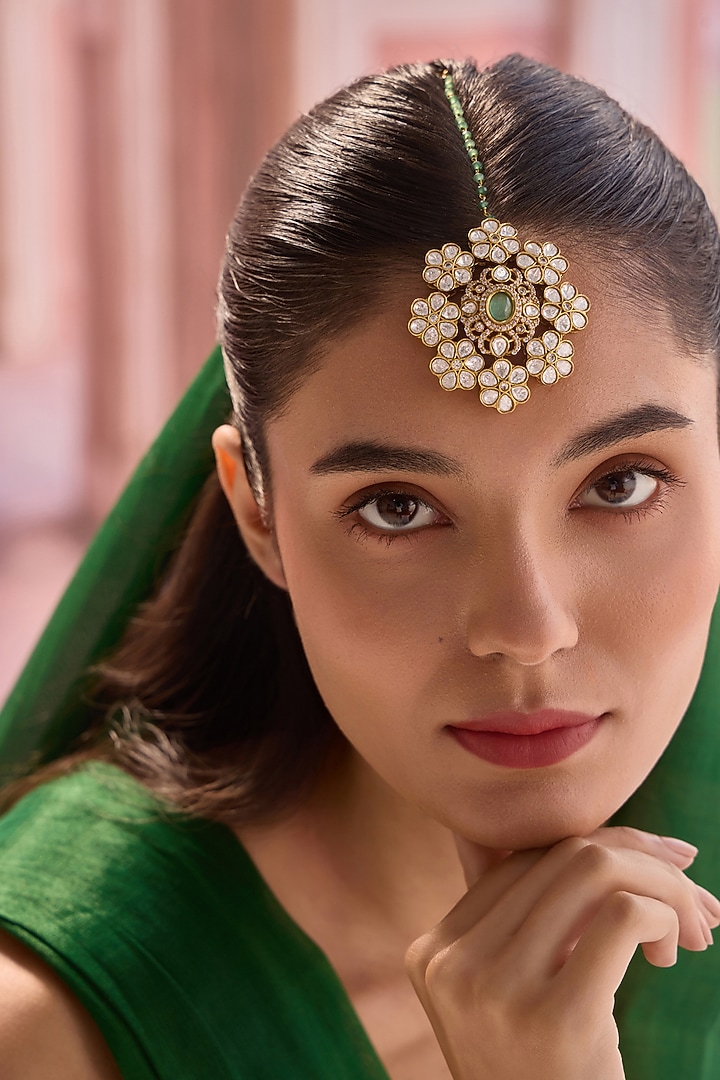 Gold Plated Kundan Polki & Cubic Zirconia Maangtikka by Paisley Pop at Pernia's Pop Up Shop
