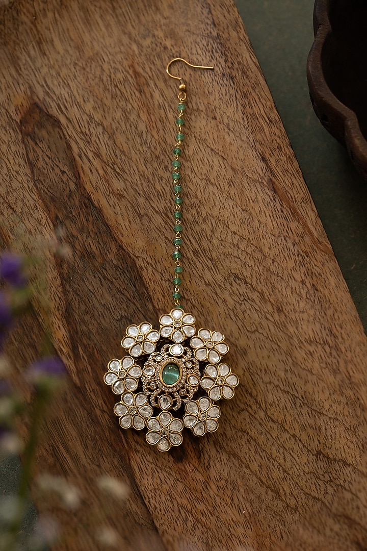 Gold Plated Kundan Polki & Cubic Zirconia Maangtikka by Paisley Pop at Pernia's Pop Up Shop
