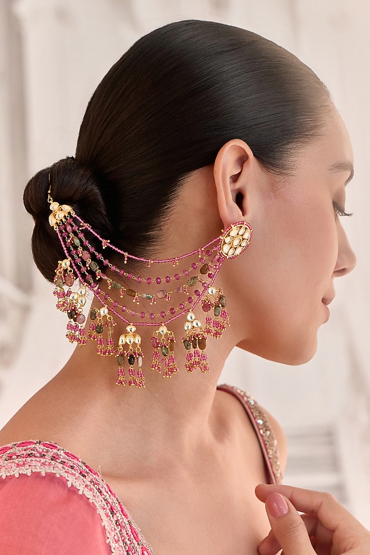 Gold Plated Kundan Polki & Multi-Colored Stone Dangler Earrings by Paisley Pop at Pernia's Pop Up Shop