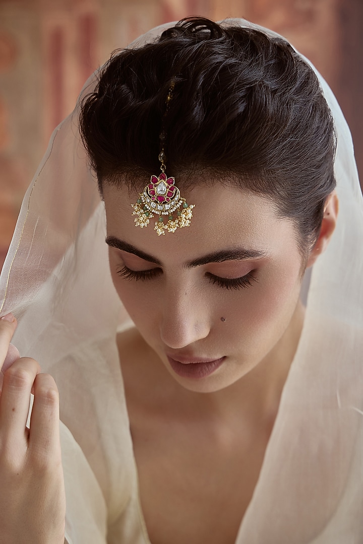 Gold Plated Kundan Polki & Pink Stone Maangtikka by Paisley Pop at Pernia's Pop Up Shop