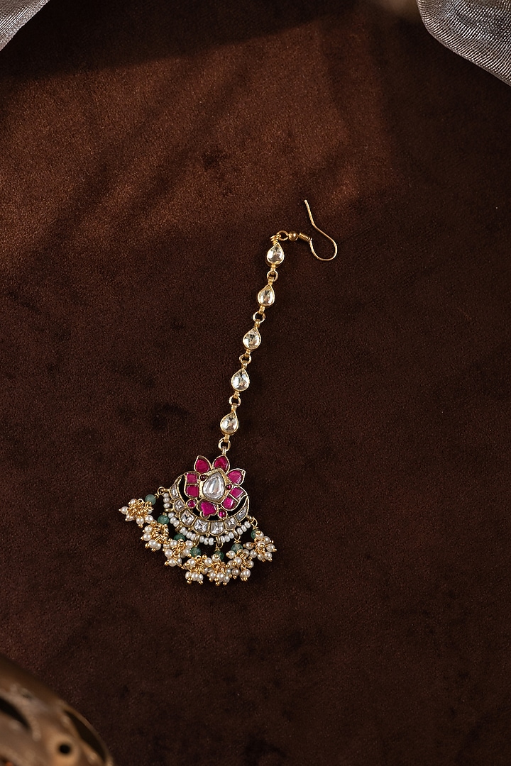 Gold Plated Kundan Polki & Pink Stone Maangtikka by Paisley Pop at Pernia's Pop Up Shop