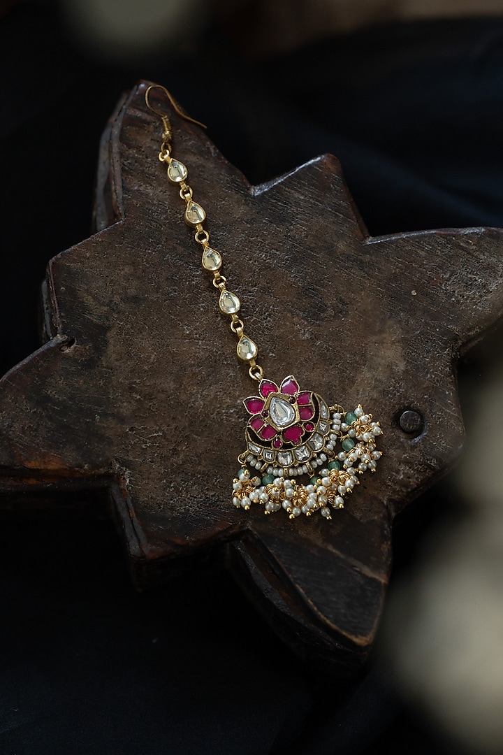Gold Plated Kundan Polki & Pink Stone Maangtikka by Paisley Pop at Pernia's Pop Up Shop