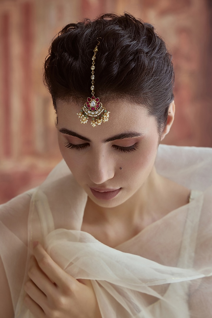 Gold Plated Kundan Polki & Pink Stone Maangtikka by Paisley Pop at Pernia's Pop Up Shop