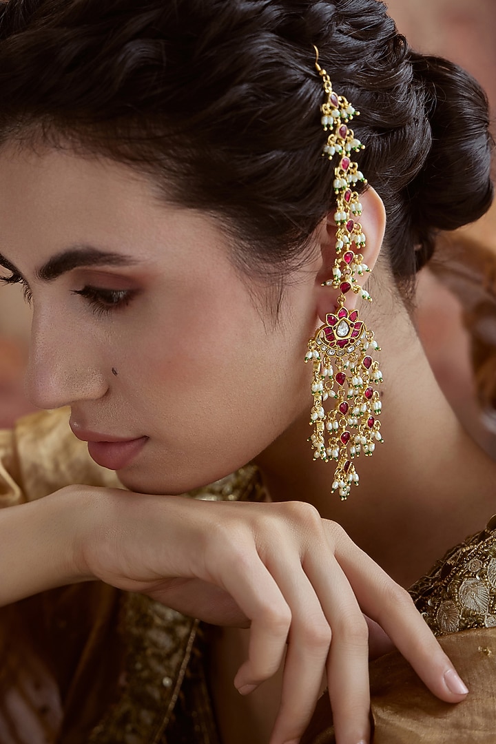 Gold Plated Kundan Polki & Pearl Dangler Earrings by Paisley Pop at Pernia's Pop Up Shop