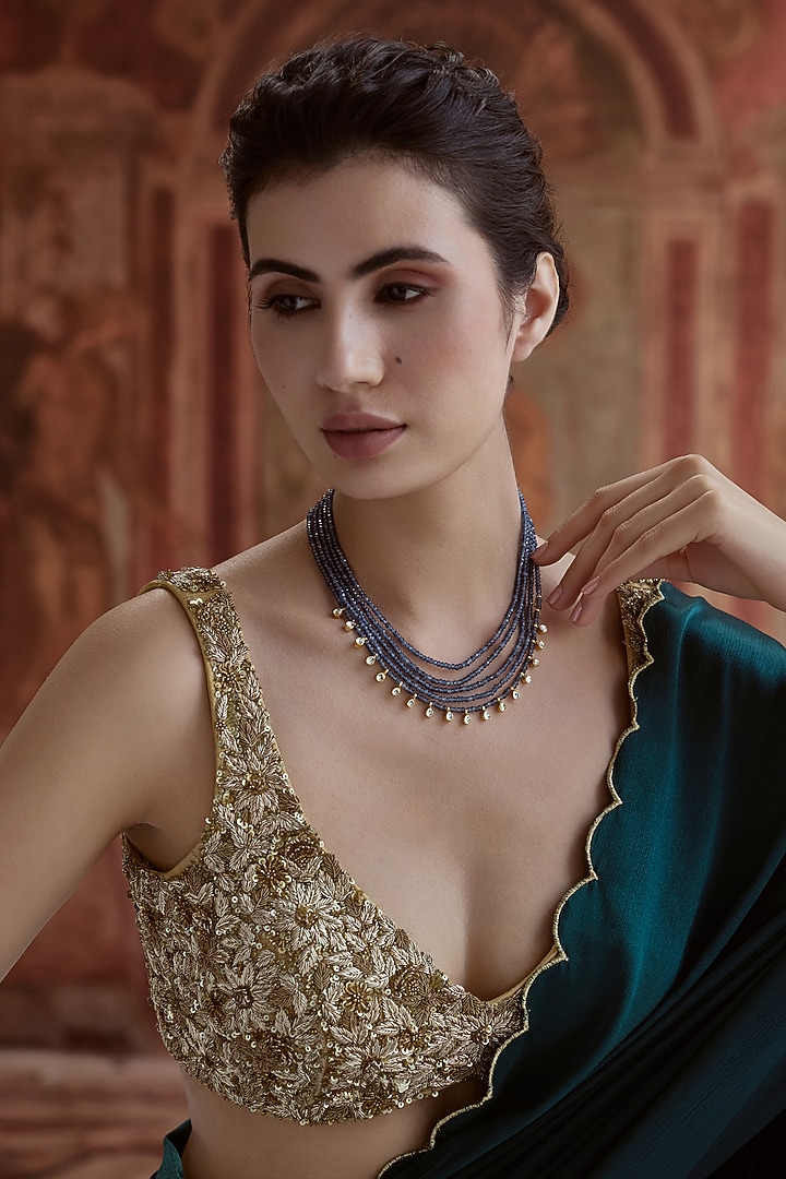 Gold Plated Kundan Polki & Deep Blue Beaded Necklace by Paisley Pop at Pernia's Pop Up Shop