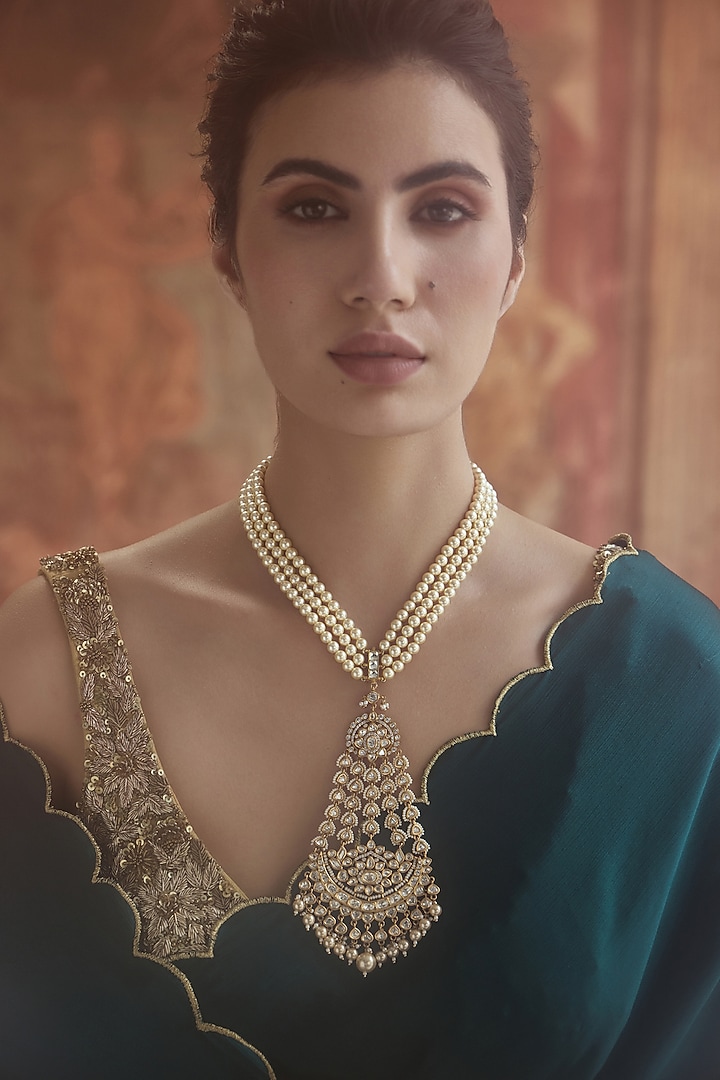 Gold Plated Kundan Polki & Pearl Necklace by Paisley Pop at Pernia's Pop Up Shop
