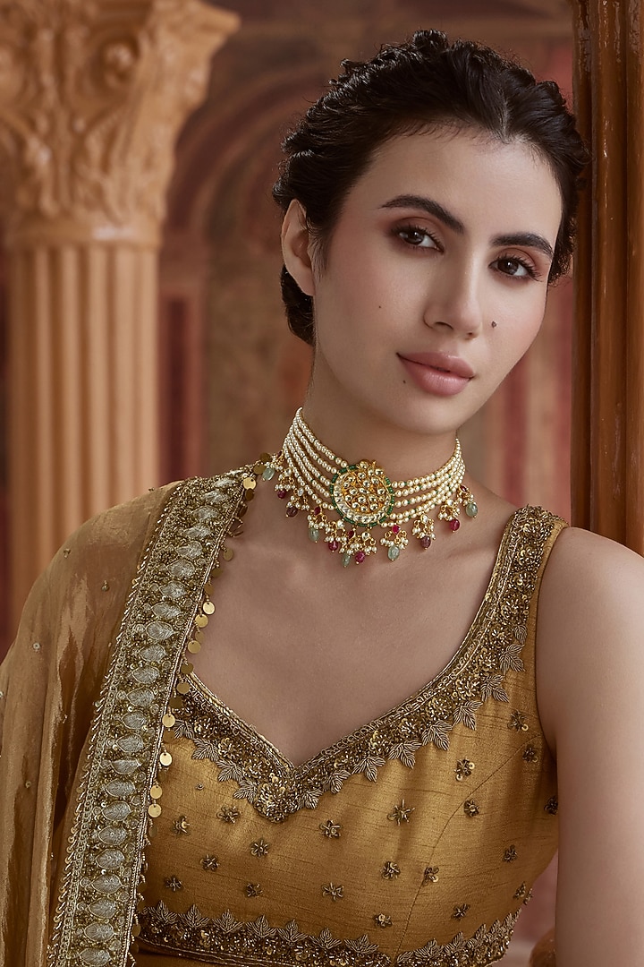 Gold Plated Kundan Polki & Pearl Choker Necklace by Paisley Pop at Pernia's Pop Up Shop