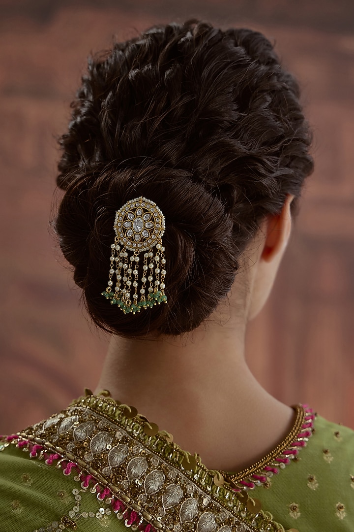 Gold Plated Kundan Polki & Pearl Braid Pin by Paisley Pop at Pernia's Pop Up Shop