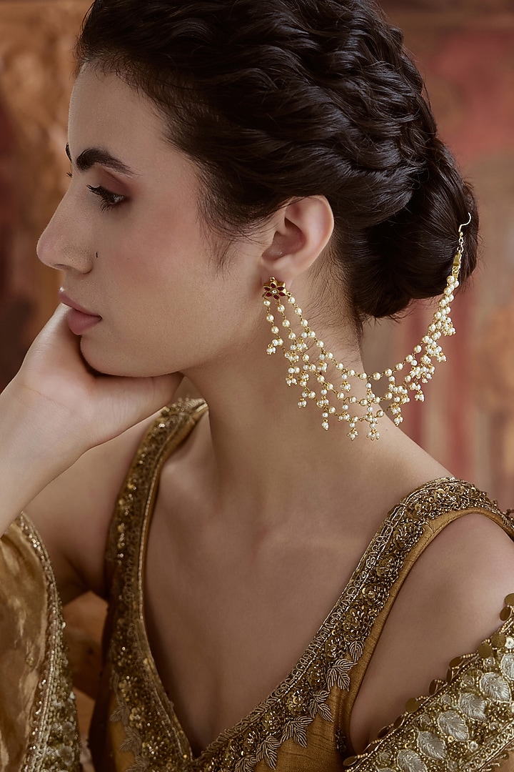 Gold Plated Kundan Polki & Pearl Earchains by Paisley Pop at Pernia's Pop Up Shop