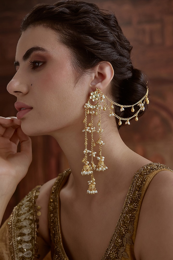 Gold Plated Kundan Polki & Pearl Dangler Earrings by Paisley Pop at Pernia's Pop Up Shop
