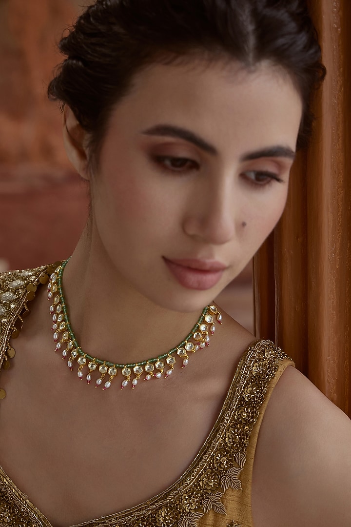 Gold Plated Kundan Polki & Pearl Necklace by Paisley Pop at Pernia's Pop Up Shop