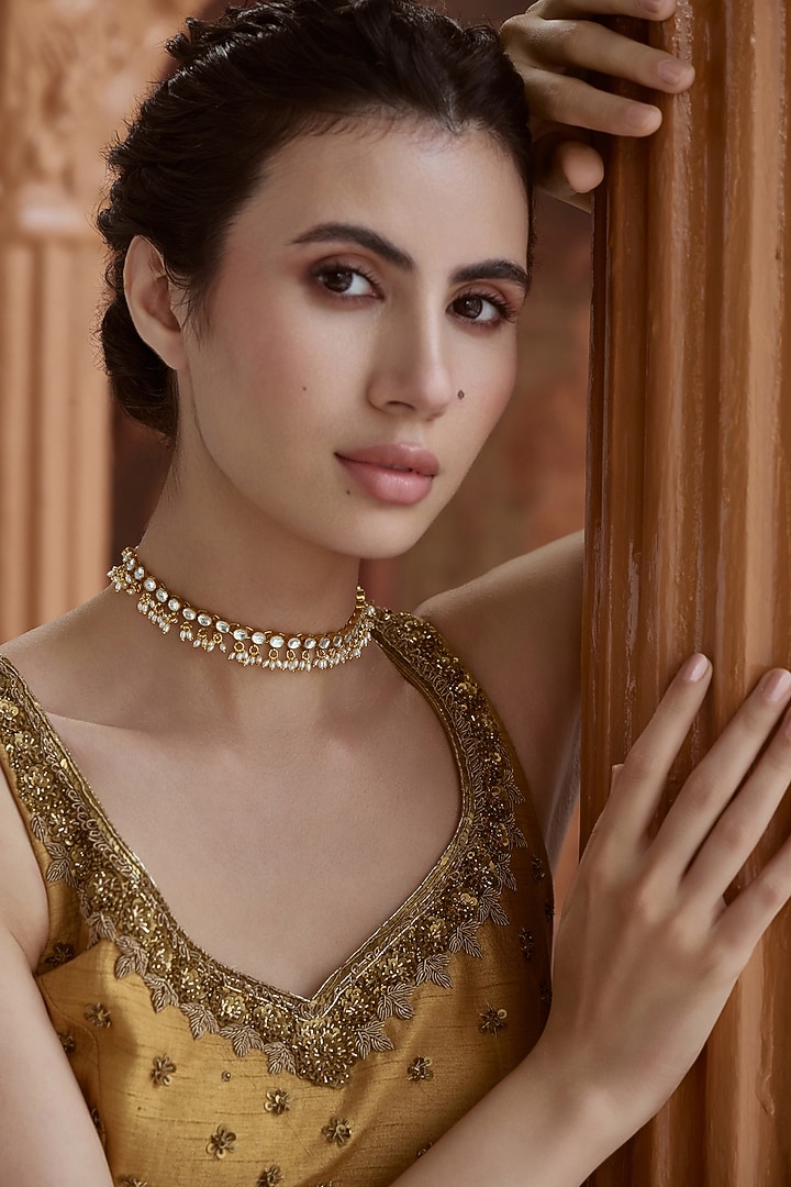 Gold Plated Kundan Polki & Pearl Choker Necklace by Paisley Pop at Pernia's Pop Up Shop