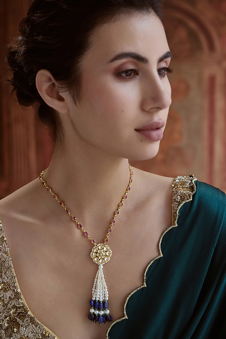 Gold Plated Kundan Polki & Pearl Long Pendant Necklace by Paisley Pop at Pernia's Pop Up Shop