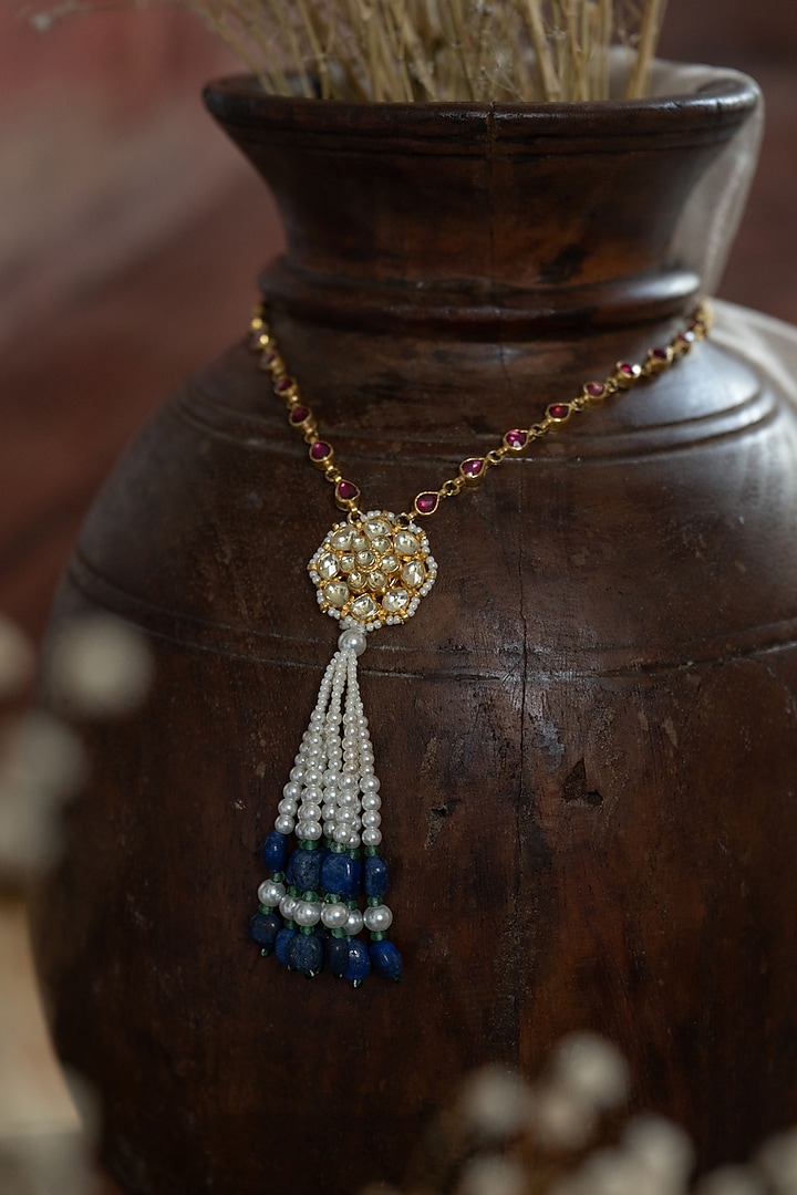 Gold Plated Kundan Polki & Pearl Long Pendant Necklace by Paisley Pop at Pernia's Pop Up Shop