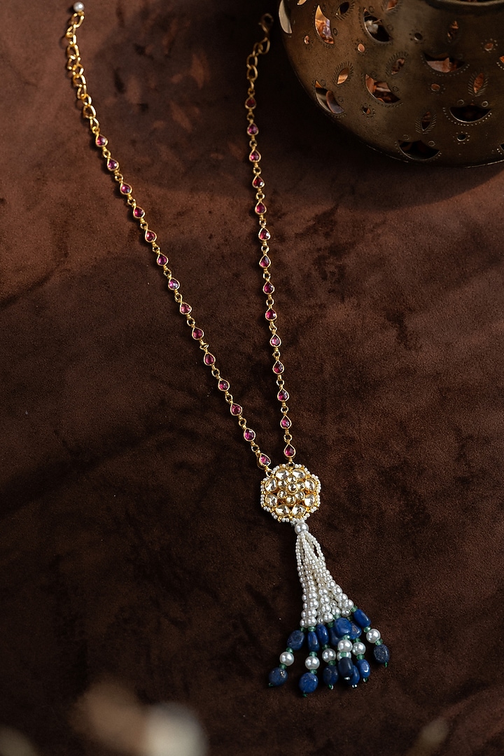 Gold Plated Kundan Polki & Pearl Long Pendant Necklace by Paisley Pop at Pernia's Pop Up Shop
