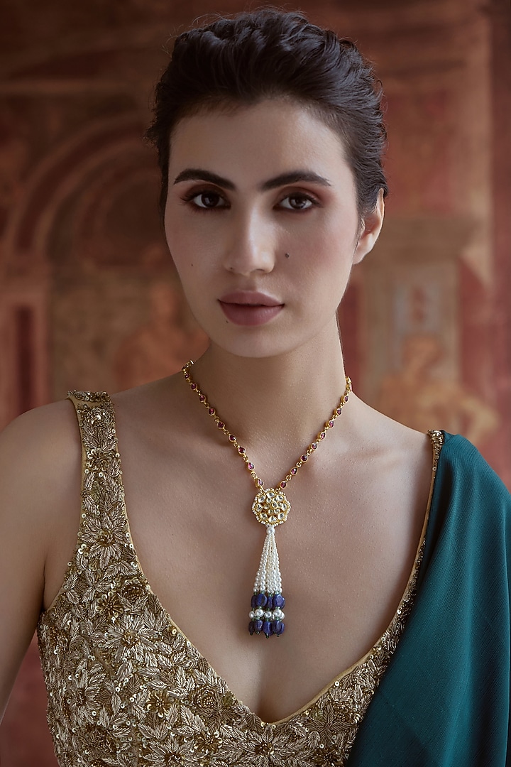 Gold Plated Kundan Polki & Pearl Long Pendant Necklace by Paisley Pop at Pernia's Pop Up Shop