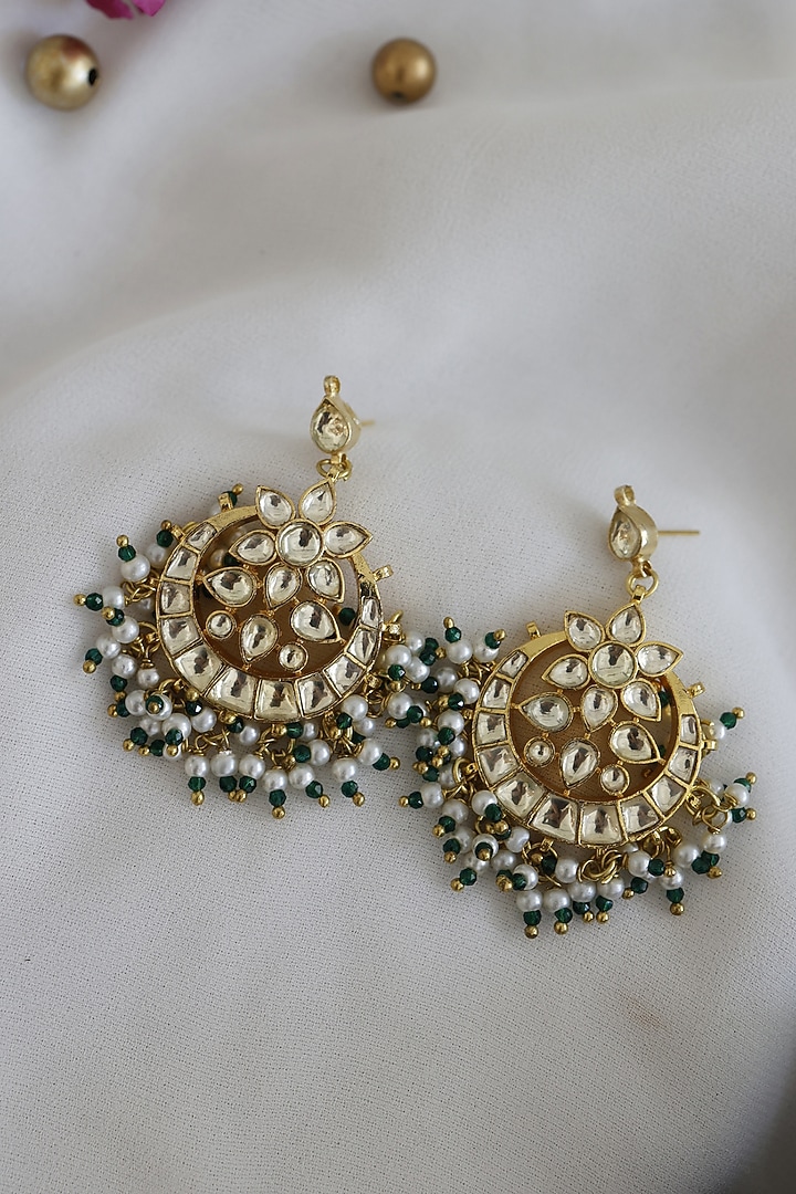 Gold Finish Kundan Polki & Pearl Dangler Earrings In Sterling Silver by Paisley Pop at Pernia's Pop Up Shop