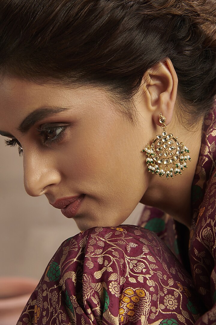 Gold Finish Kundan Polki & Pearl Dangler Earrings In Sterling Silver by Paisley Pop at Pernia's Pop Up Shop