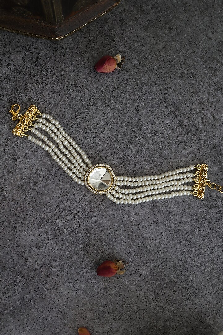 Gold Plated Kundan Polki & Pearl Bracelet In Sterling Silver by Paisley Pop at Pernia's Pop Up Shop