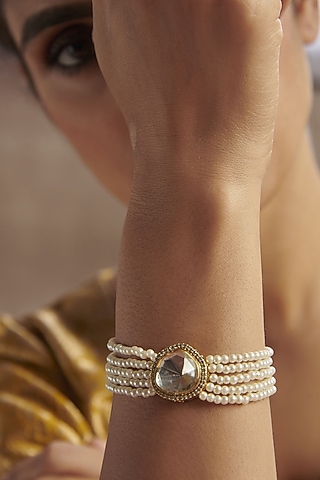 Gold Plated Kundan Polki & Pearl Bracelet In Sterling Silver by Paisley Pop