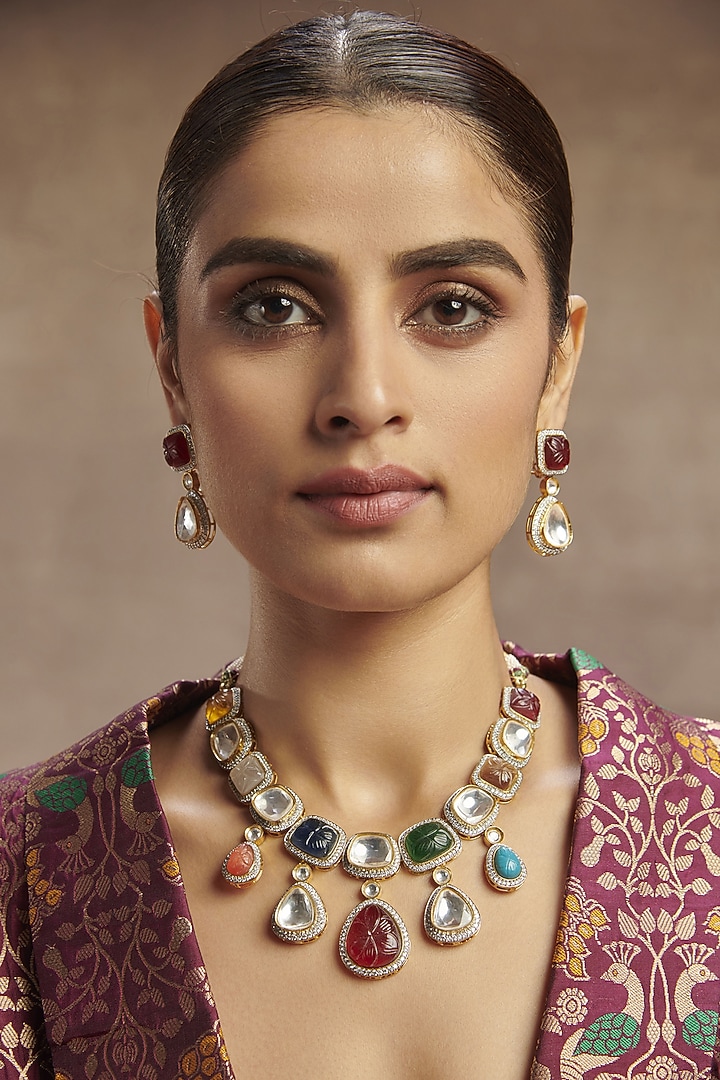 Gold Finish Multi-Colored Stone Necklace Set In Sterling Silver by Paisley Pop at Pernia's Pop Up Shop