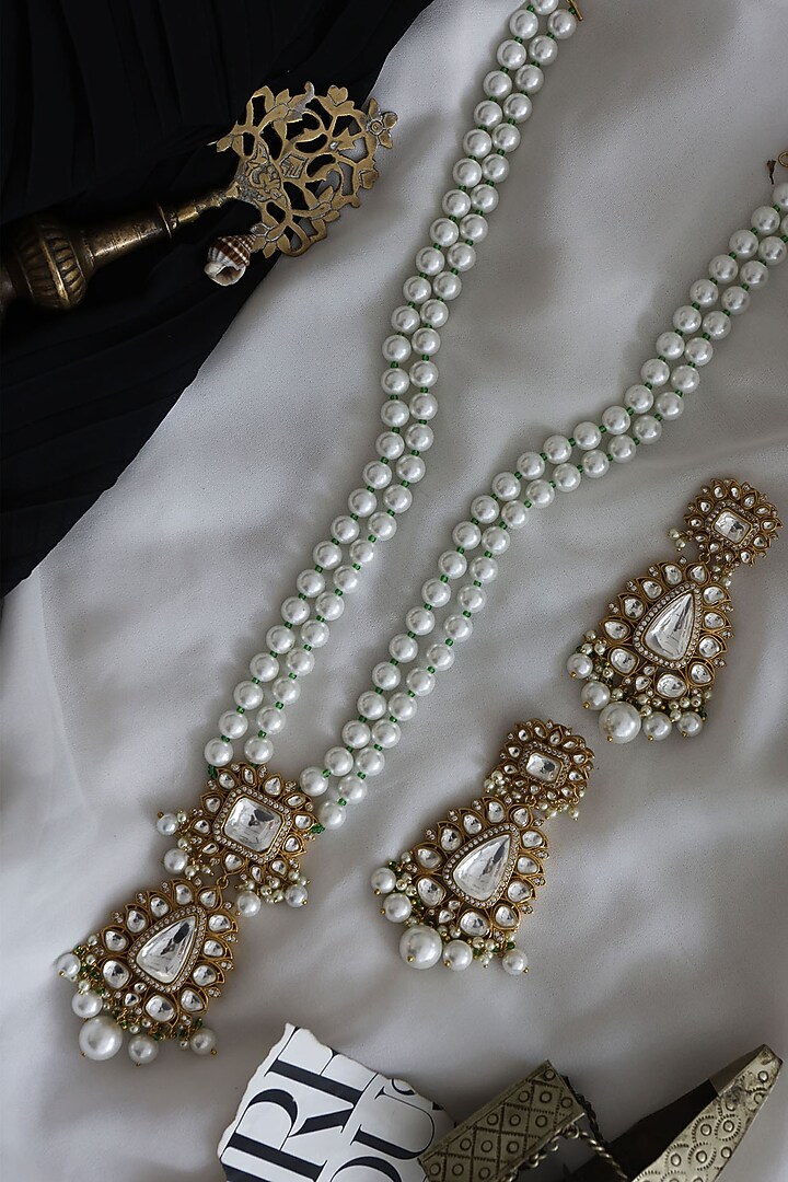 Gold Finish Kundan Polki Long Necklace Set In Sterling Silver by Paisley Pop at Pernia's Pop Up Shop