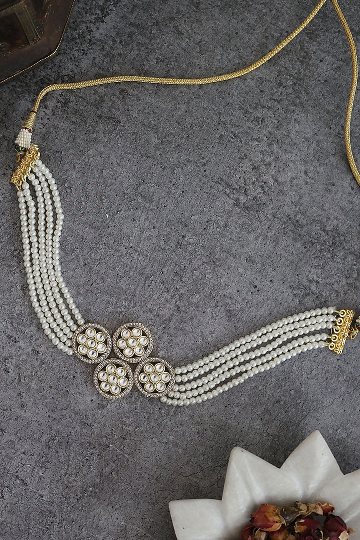 Gold Rhodium Finish Kundan Polki & Pearl Choker Necklace In Sterling Silver by Paisley Pop at Pernia's Pop Up Shop