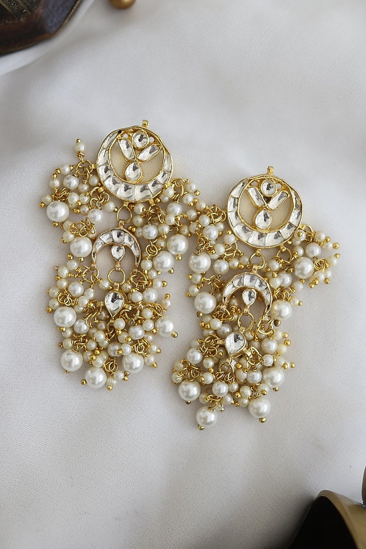 Gold Finish Kundan Polki & Pearl Dangler Earrings In Sterling Silver by Paisley Pop at Pernia's Pop Up Shop