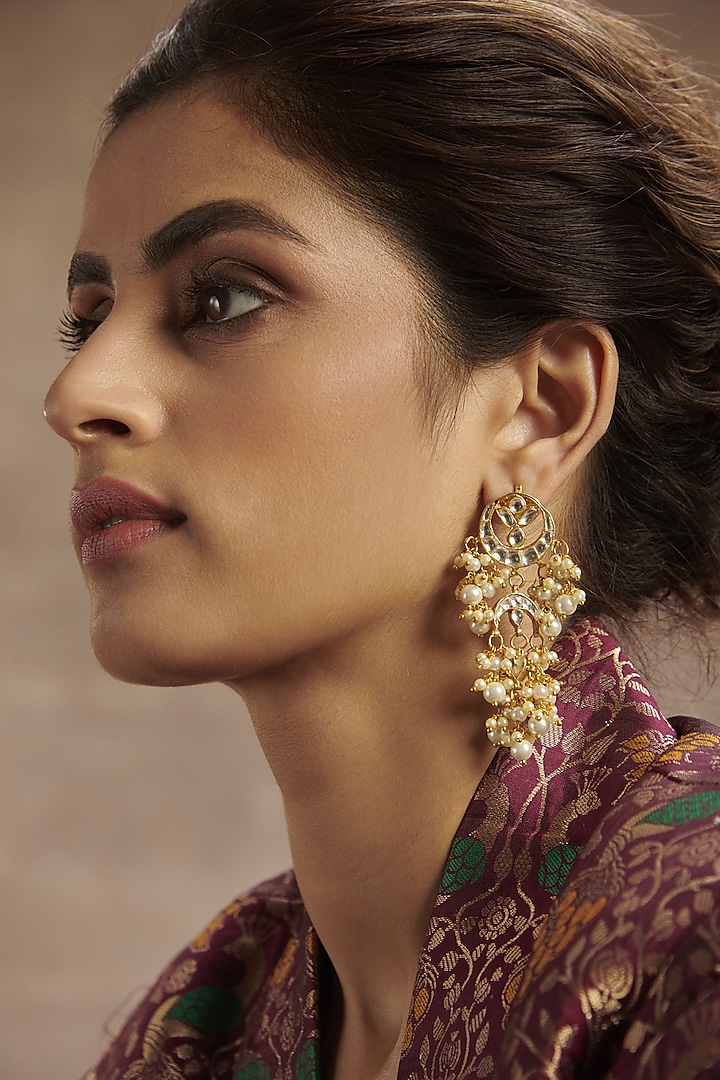 Gold Finish Kundan Polki & Pearl Dangler Earrings In Sterling Silver by Paisley Pop at Pernia's Pop Up Shop