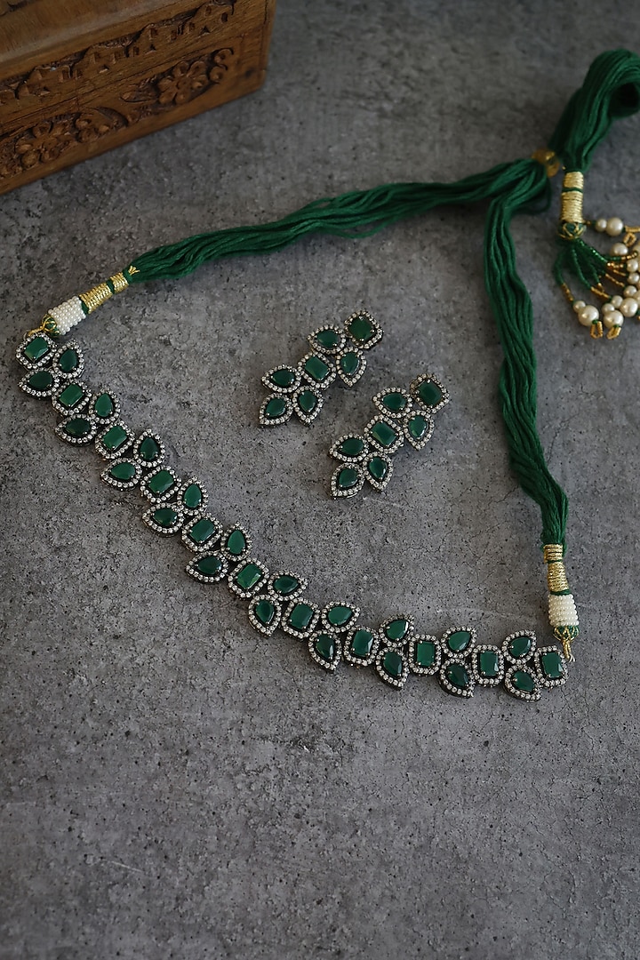 Rhodium Finish Green Natural Stone Choker Necklace Set In Sterling Silver by Paisley Pop at Pernia's Pop Up Shop