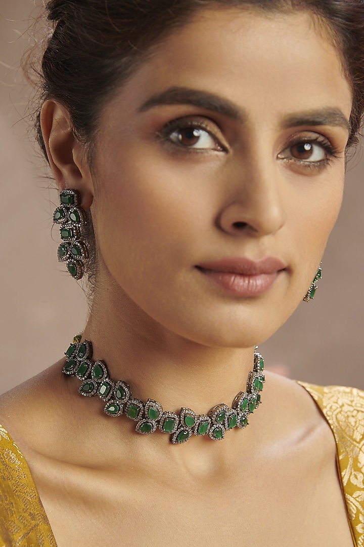 Rhodium Finish Green Natural Stone Choker Necklace Set In Sterling Silver by Paisley Pop at Pernia's Pop Up Shop