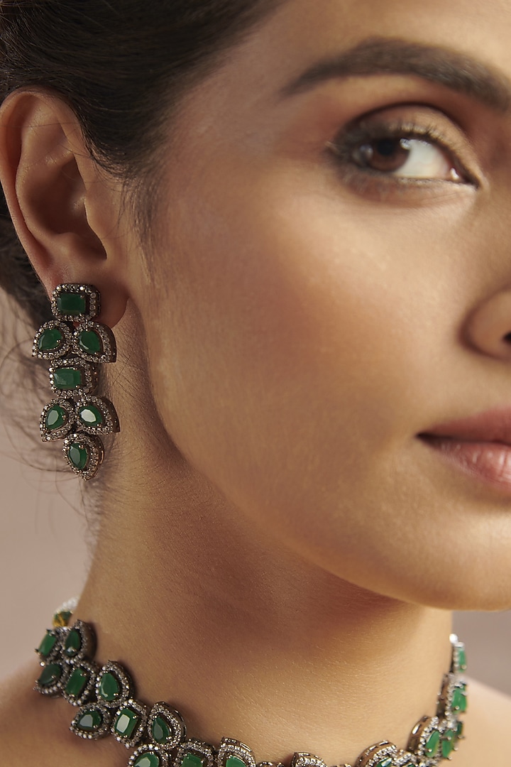 Rhodium Finish Green Natural Stone Choker Necklace Set In Sterling Silver by Paisley Pop at Pernia's Pop Up Shop