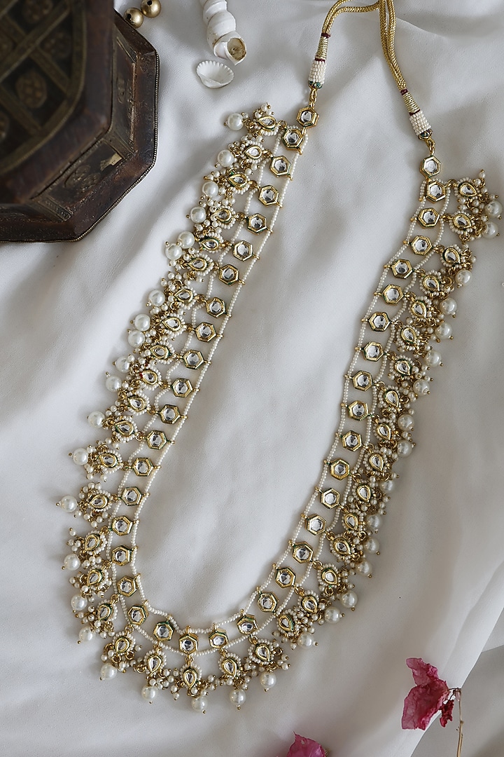 Gold Finish Kundan Polki & Pearls Necklace In Sterling Silver by Paisley Pop at Pernia's Pop Up Shop
