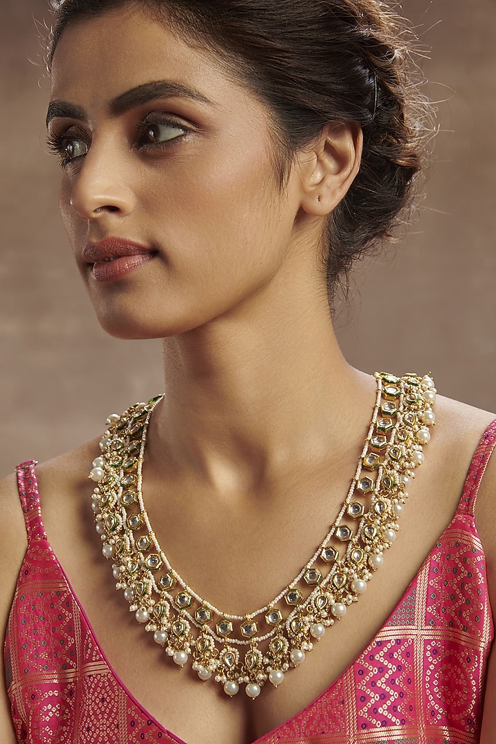 Gold Finish Kundan Polki & Pearls Necklace In Sterling Silver by Paisley Pop at Pernia's Pop Up Shop