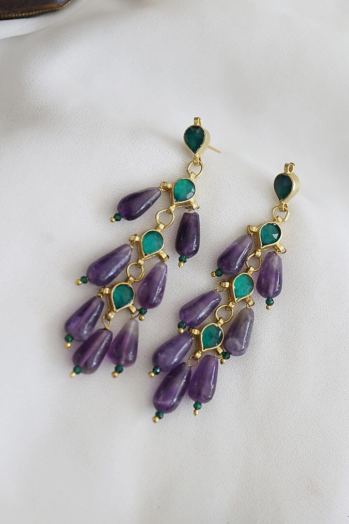 Gold Finish Purple Natural Stone Dangler Earrings In Sterling Silver by Paisley Pop at Pernia's Pop Up Shop