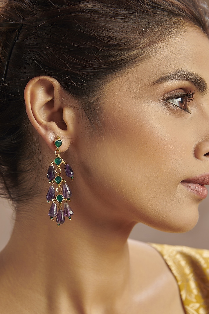 Gold Finish Purple Natural Stone Dangler Earrings In Sterling Silver by Paisley Pop at Pernia's Pop Up Shop