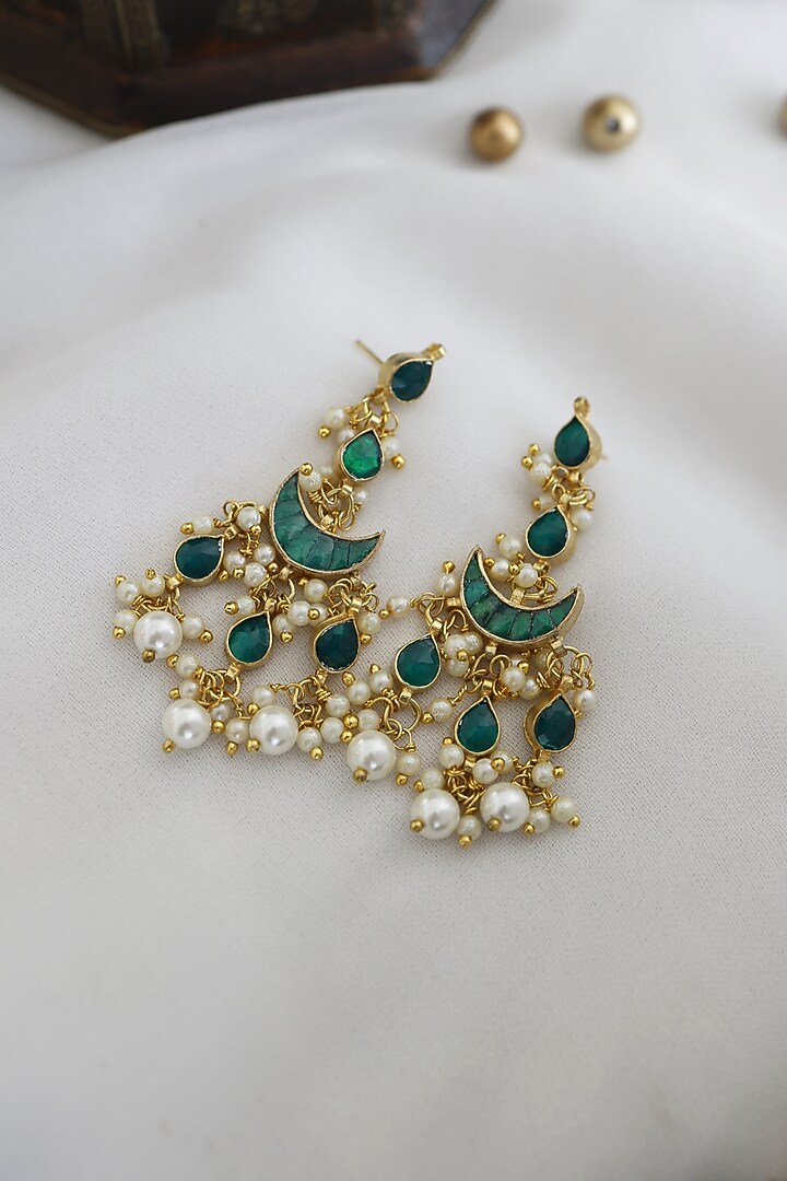 Gold Finish Green Kundan Polki Dangler Earrings In Sterling Silver by Paisley Pop at Pernia's Pop Up Shop