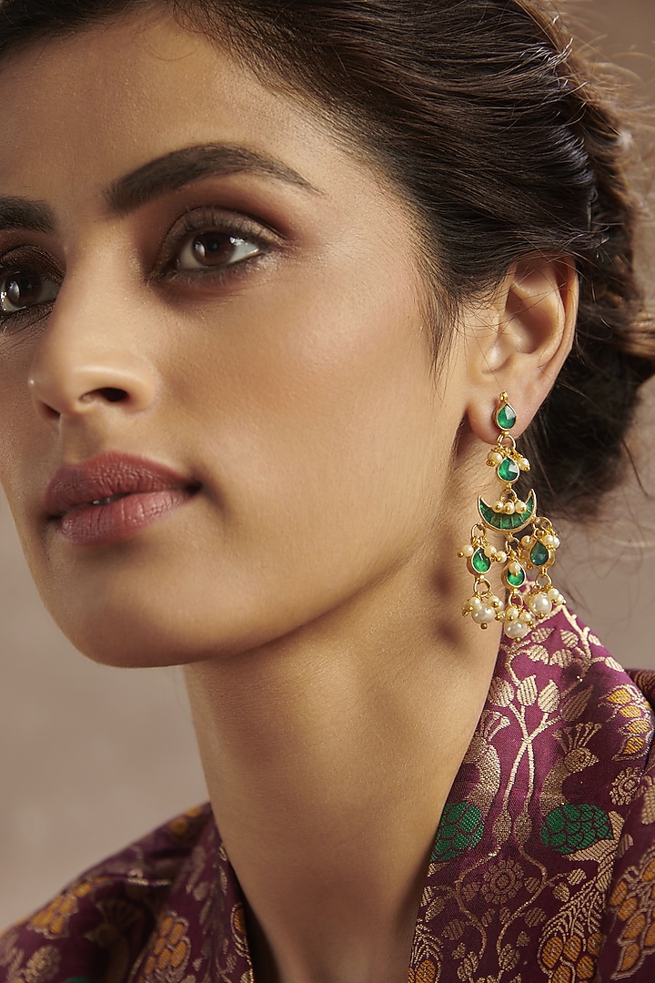 Gold Finish Green Kundan Polki Dangler Earrings In Sterling Silver by Paisley Pop at Pernia's Pop Up Shop