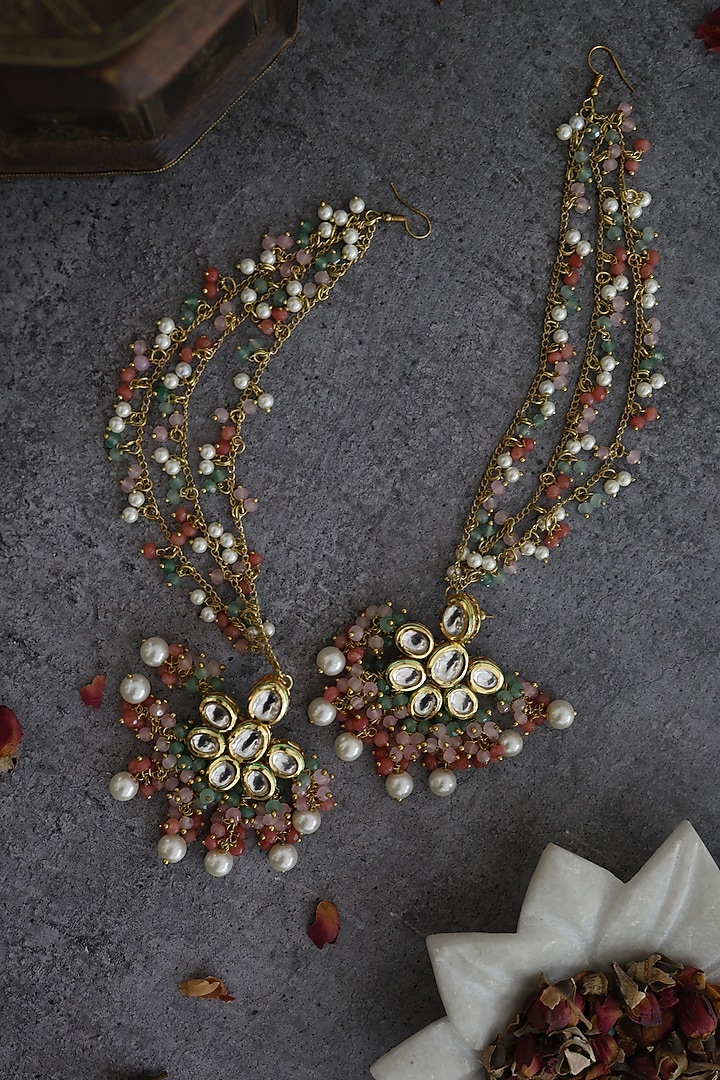 Gold Finish Natural Stone & Pearl Dangler Earrings In Sterling Silver by Paisley Pop at Pernia's Pop Up Shop